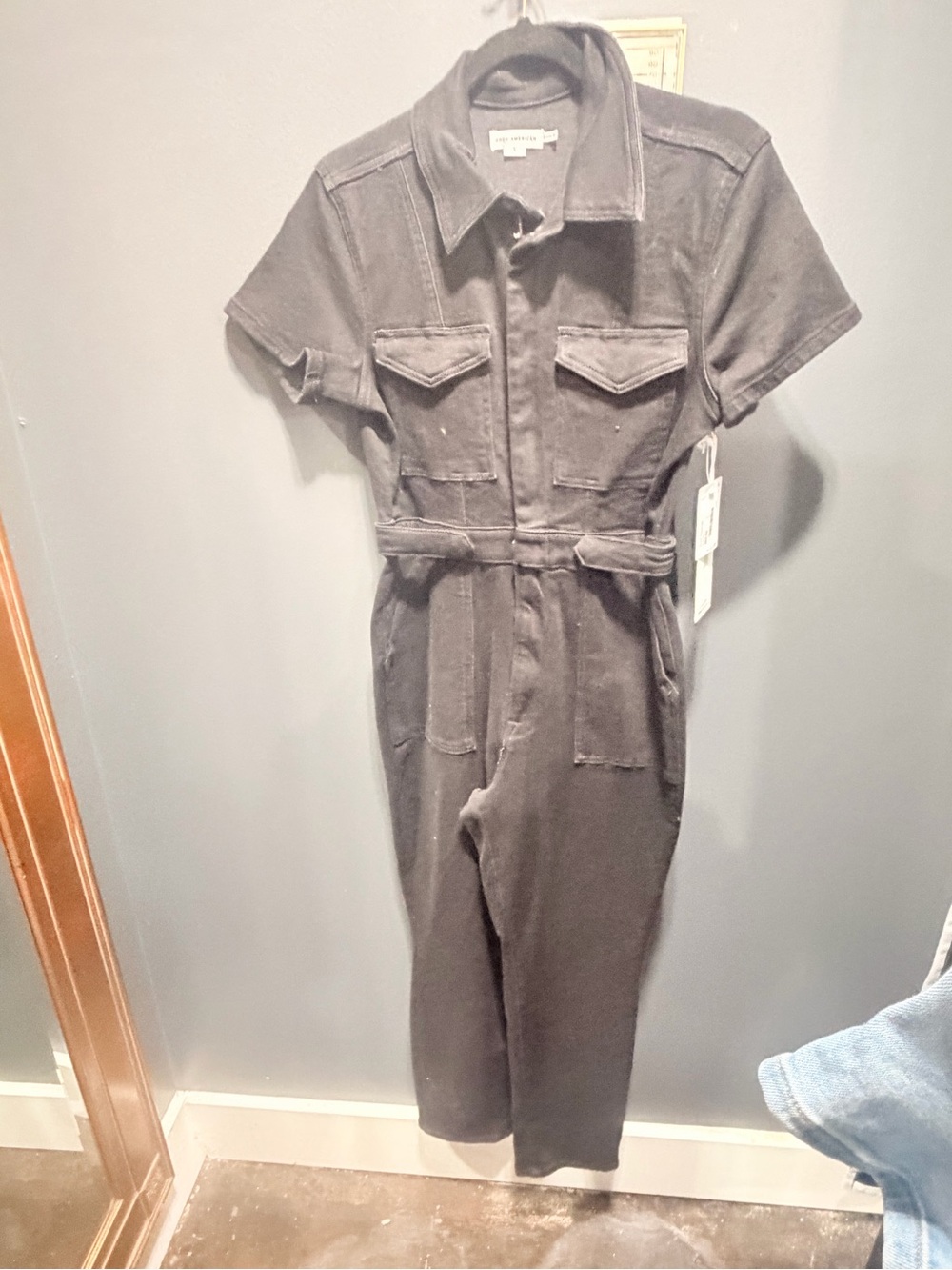 Good American Black Short-Sleeve Utility Jumpsuit with Self-Tie Waist